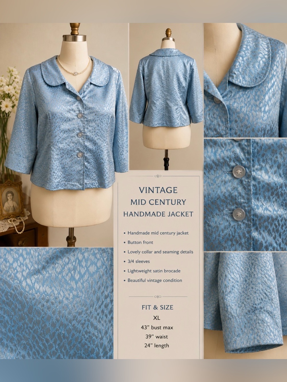 Vintage 1950’s/60’s - brocade baby blue satin jacket- rounded collar